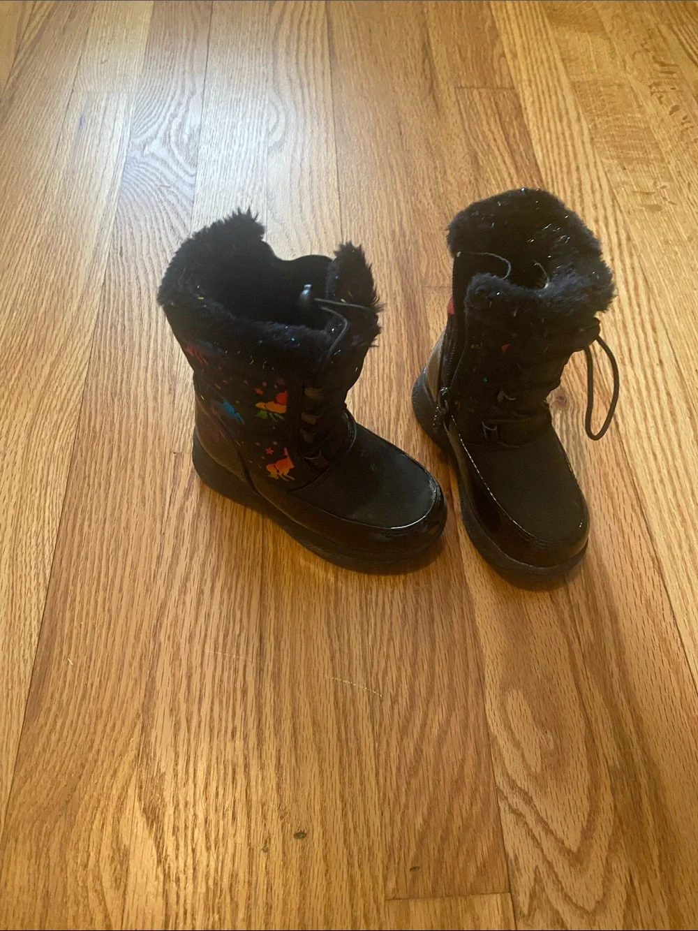 Kids Black Winter Boots with Colorful Heart Accents